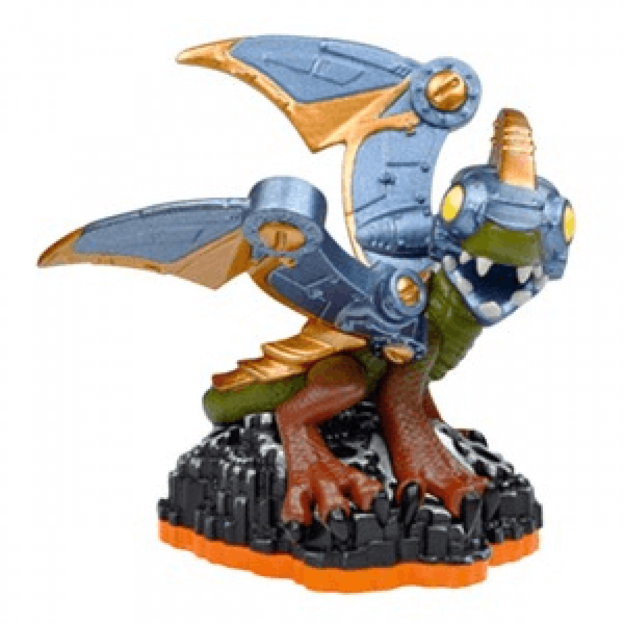 LightCore Drobot Skylanders Giants figure, tech element robotic dragon with glowing illuminated core, metallic wings and laser cannon eyes, posed in attack stance, detailed collectible toy on portal base from Skylanders Giants series