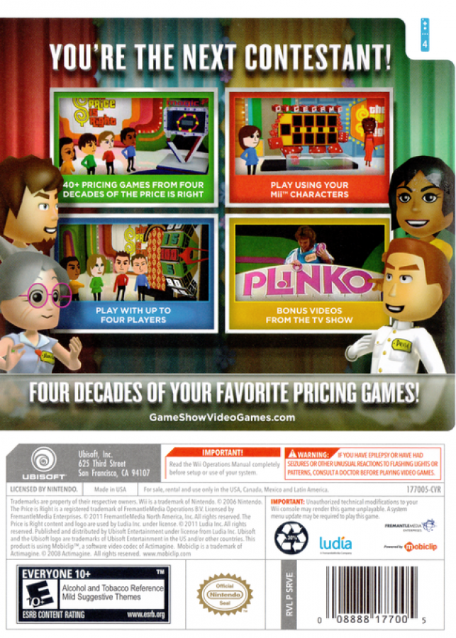 The Price Is Right: Decades back cover art for Nintendo Wii (Wii) featuring classic pricing games from different eras, motion‑controlled bidding, and nostalgic TV show challenges