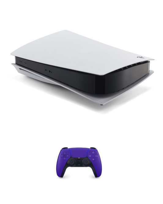 View of a Sony PS5 console laying on its side, showing the front face with disc slot, power and eject buttons, and curved side panels.