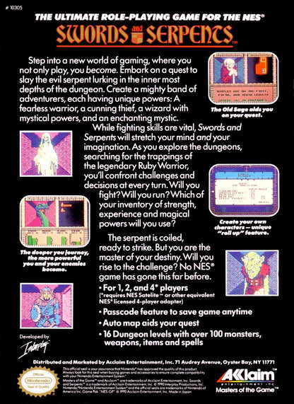 Swords and Serpents Nintendo Entertainment System NES for retro video game enthusiasts featuring classic dungeon crawling role playing gameplay first person exploration turn based inspired combat character progression fantasy adventure and collectible gaming appeal box art back