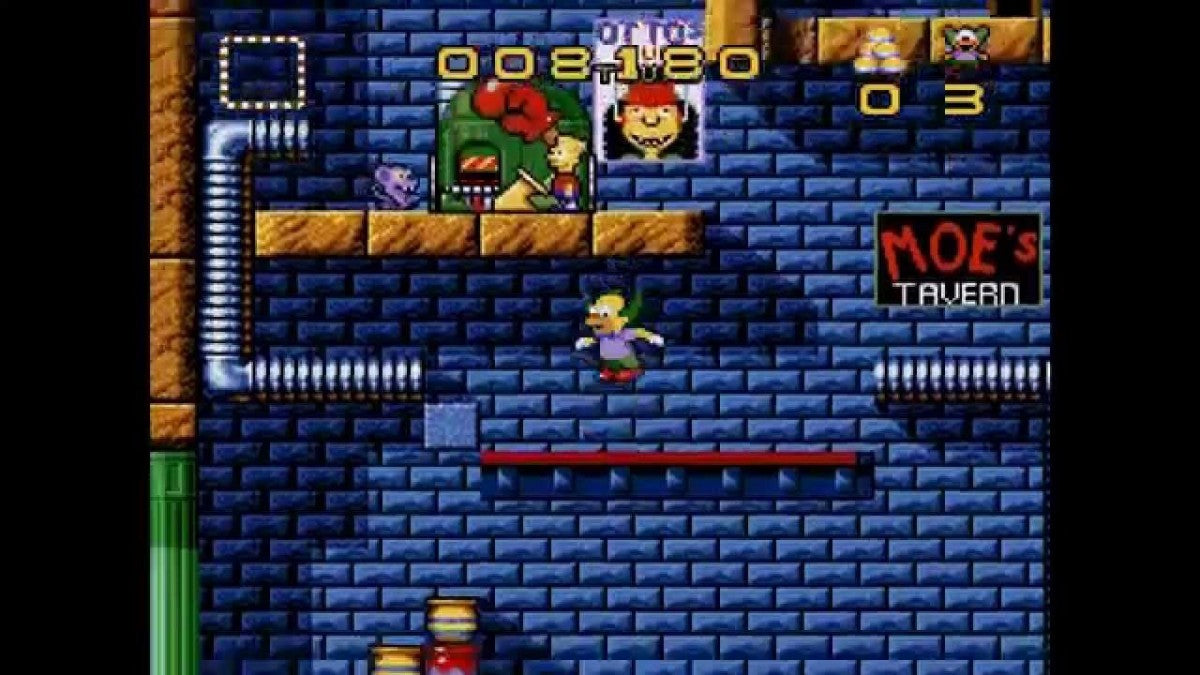 Krustys Super Fun House Super Nintendo Entertainment System SNES puzzle platformer video game Krusty the Clown The Simpsons license pest control maze building Acclaim cartoon license mice traps pie factory gameplay screenshot