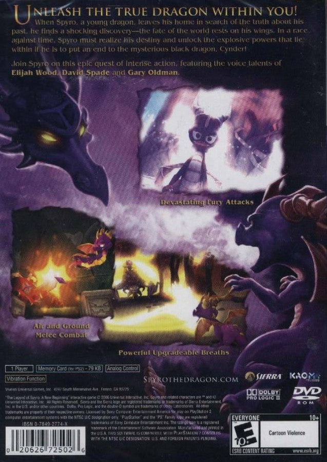 The Legend of Spyro A New Beginning Greatest Hits PlayStation 2 PS2 for action adventure video game fans featuring fantasy platforming gameplay elemental dragon powers cinematic storytelling fast paced combat magical worlds iconic Spyro character epic quests collectible gaming appeal back cover