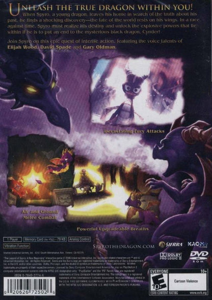 The Legend of Spyro A New Beginning Greatest Hits PlayStation 2 PS2 for action adventure video game fans featuring fantasy platforming gameplay elemental dragon powers cinematic storytelling fast paced combat magical worlds iconic Spyro character epic quests collectible gaming appeal back cover