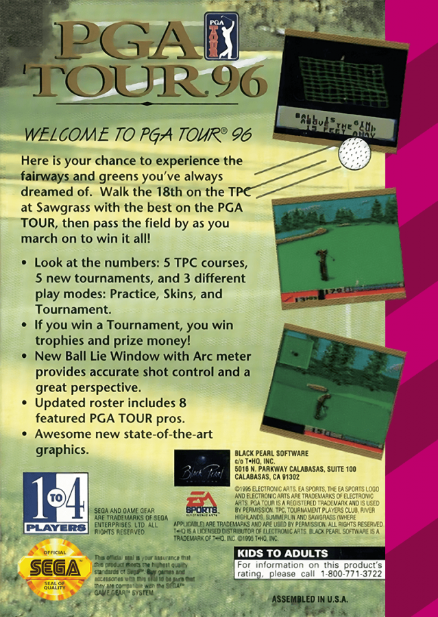 PGA Tour 96 back cover art for SEGA Game Gear golf video game.
