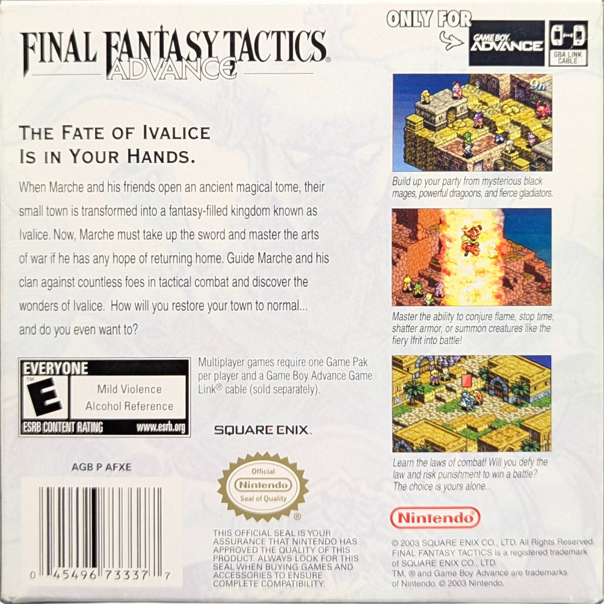 Final Fantasy Tactics Advance [CIB] for Game Boy Advance (GBA) featuring deep grid-based tactical battles set in the fantasy world of Ivalice; build a clan, master dozens of jobs and abilities, and navigate the Judge law system in this strategic complete-in-box RPG favorite back cover