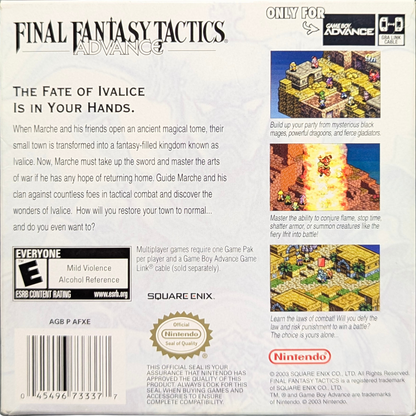 Final Fantasy Tactics Advance [CIB] for Game Boy Advance (GBA) featuring deep grid-based tactical battles set in the fantasy world of Ivalice; build a clan, master dozens of jobs and abilities, and navigate the Judge law system in this strategic complete-in-box RPG favorite back cover
