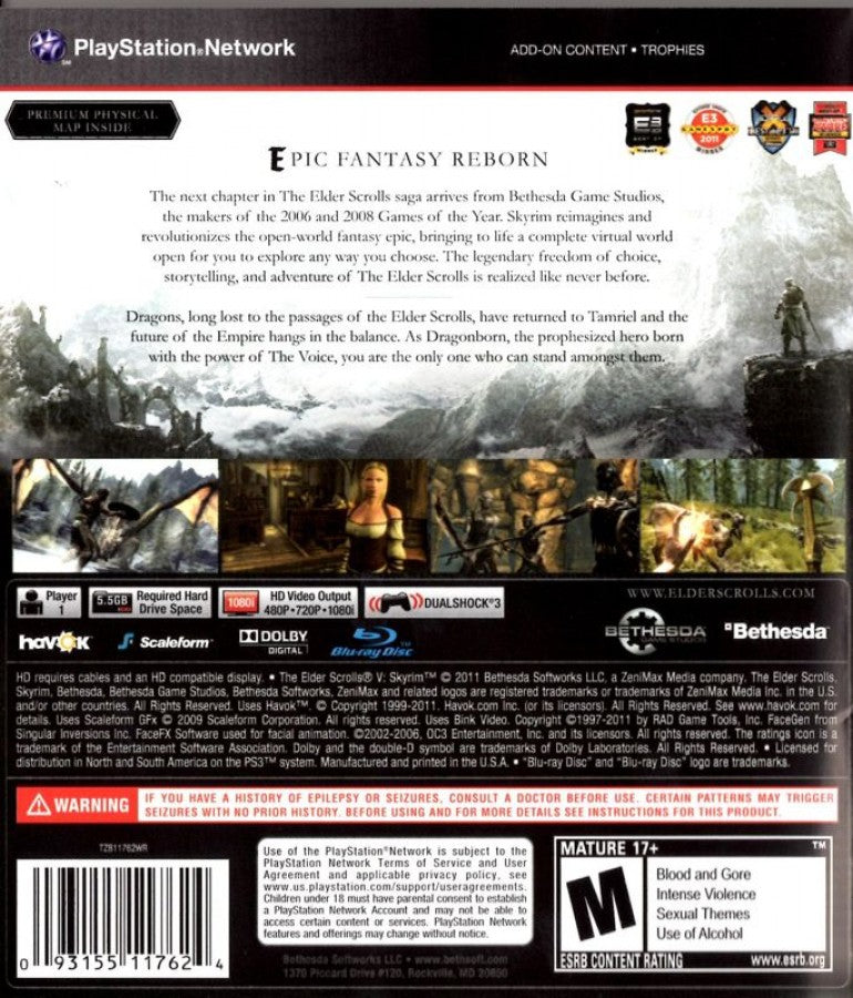 The Elder Scrolls V Skyrim back cover art for PlayStation 3 (PS3) video game