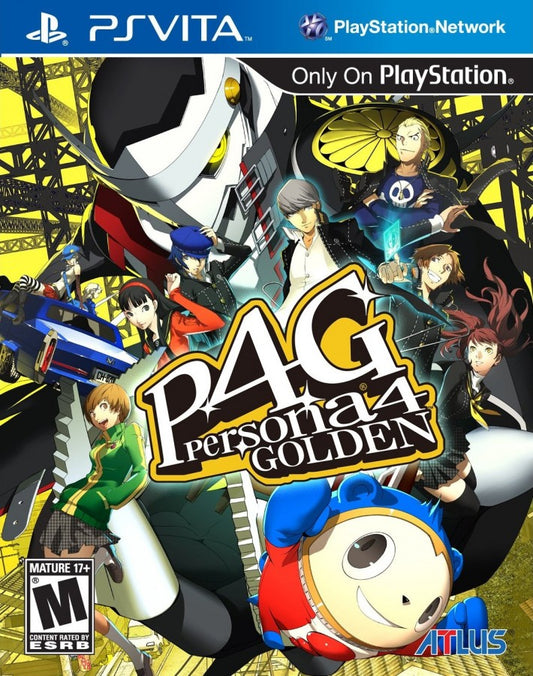 Persona 4 Golden PlayStation Vita PS Vita for role playing retro video game fans featuring turn based battles social simulation dungeon crawling supernatural mystery character relationships Japanese RPG adventure collectible gaming appeal front cover art