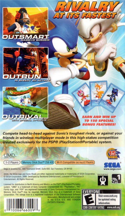 Retro Sonic Rivals Greatest Hits PSP inspired design featuring fast paced platform racing gameplay aesthetic vintage PlayStation Portable Sonic the Hedgehog rivalry battles colorful side scrolling action speed focused handheld gaming nostalgia Sega arcade style presentation back cover