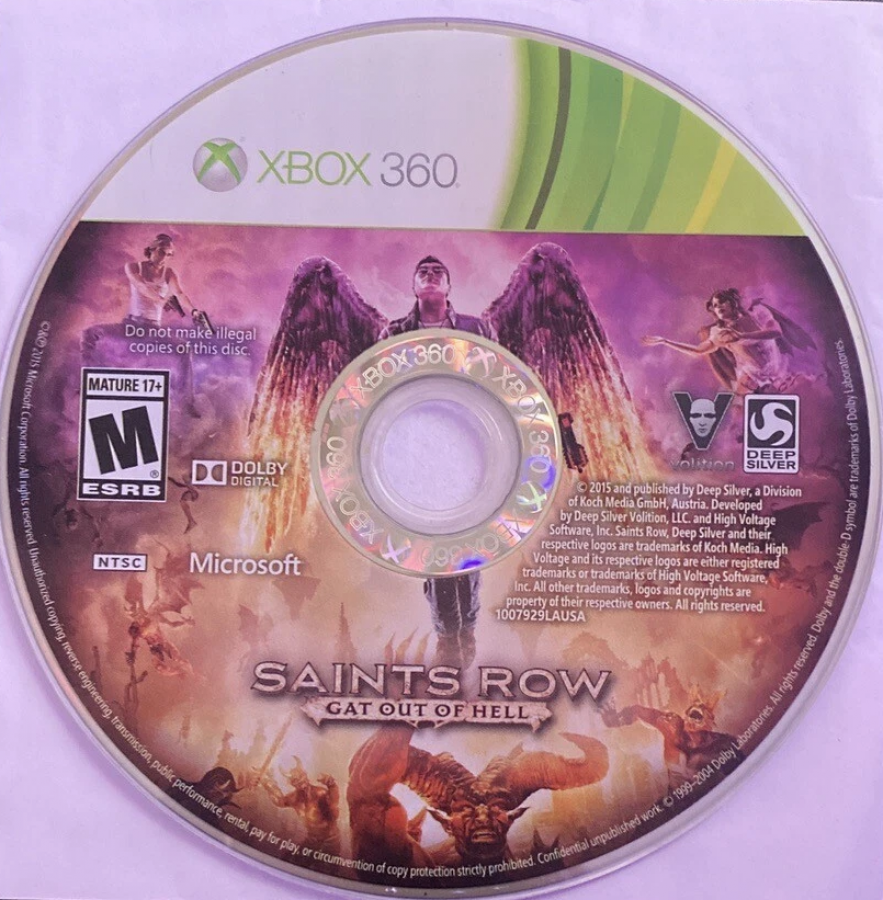 Saints Row: Gat Out of Hell disc for Xbox 360 (X360) open-world action-adventure video game