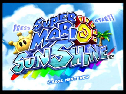 Super Mario Sunshine start screen for Nintendo GameCube (GC) 3D platforming adventure video game