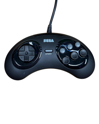 Controller of a Sega Genesis Mini 2 console showing the top surface, controller ports, power button, and logo from a slightly angled perspective.