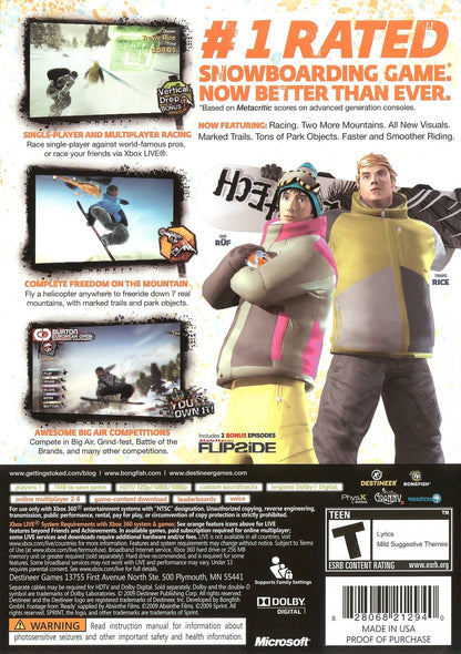 Stoked Big Air Edition Xbox 360 X360 video game featuring snowboarding sports gameplay extreme mountain riding freestyle tricks aerial jumps big air competitions snowboard customization mountain exploration challenging courses professional snowboarders trick combinations and Big Air Edition bonus content classic Xbox 360 snowboarding action retro video game collection collectible gaming appeal back cover