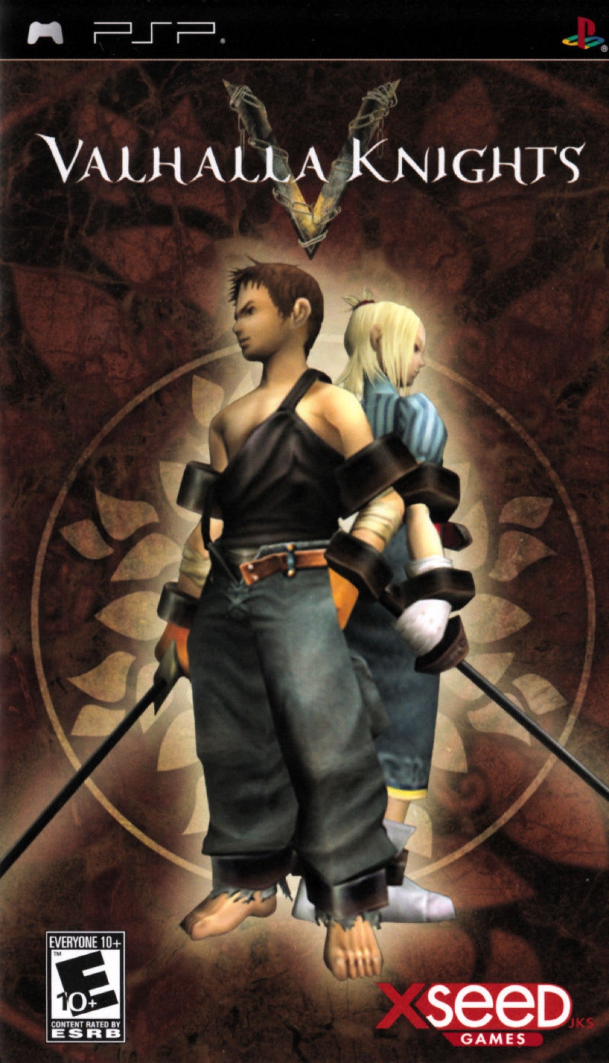 Valhalla Knights PlayStation Portable PSP inspired design featuring fantasy action role playing adventure aesthetic customizable party creation real time combat dungeon exploration medieval world quests character progression and portable RPG gameplay presentation front cover
