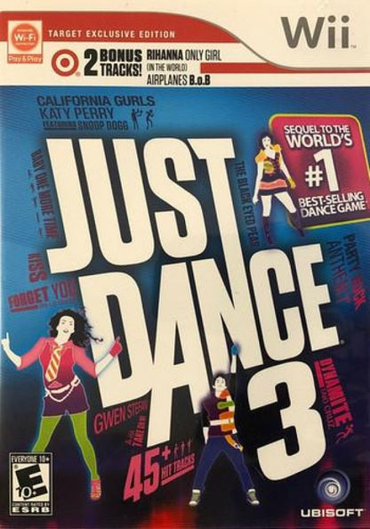 Just Dance 3 Target Edition retro Nintendo Wii video game featuring dance party gameplay, hit music tracks, multiplayer family fun and classic Wii entertainment - cover art