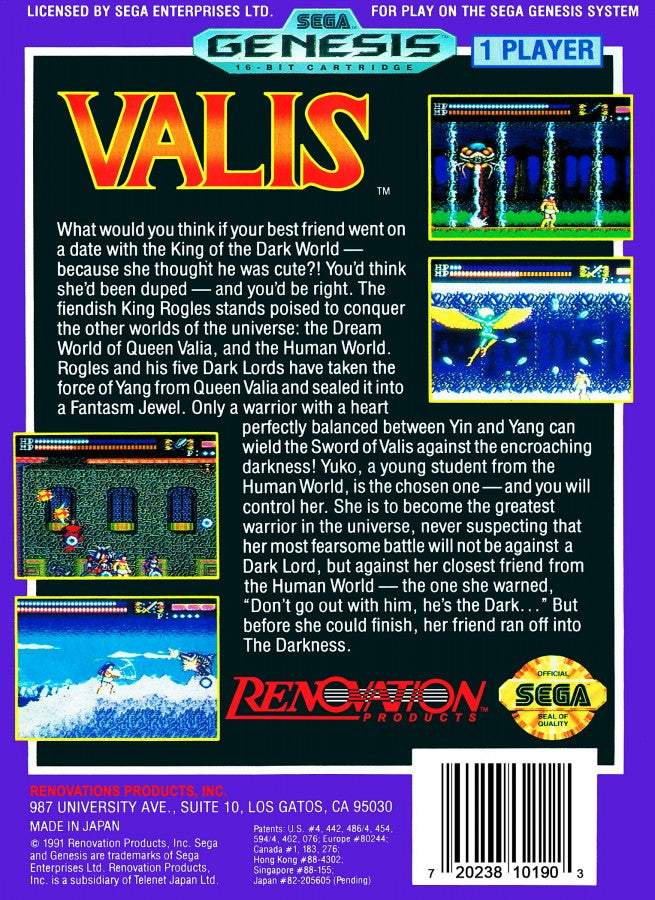 Valis Sega Genesis GEN for retro video game enthusiasts featuring side scrolling action platforming gameplay anime inspired fantasy adventure sword combat magical abilities challenging stages memorable boss battles and collectible gaming appeal back art 