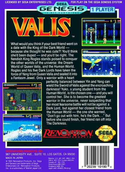 Valis Sega Genesis GEN for retro video game enthusiasts featuring side scrolling action platforming gameplay anime inspired fantasy adventure sword combat magical abilities challenging stages memorable boss battles and collectible gaming appeal back art 