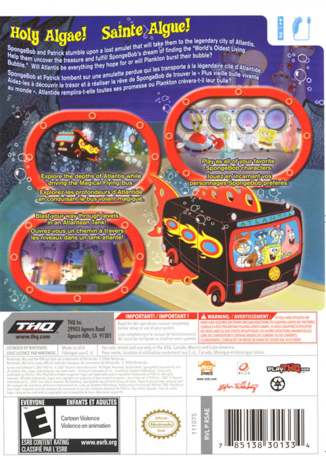 SpongeBob’s Atlantis SquarePantis for Nintendo Wii, back of case for an action-adventure party video game with SpongeBob characters, mini-games, platforming challenges, and family-friendly cartoon gameplay