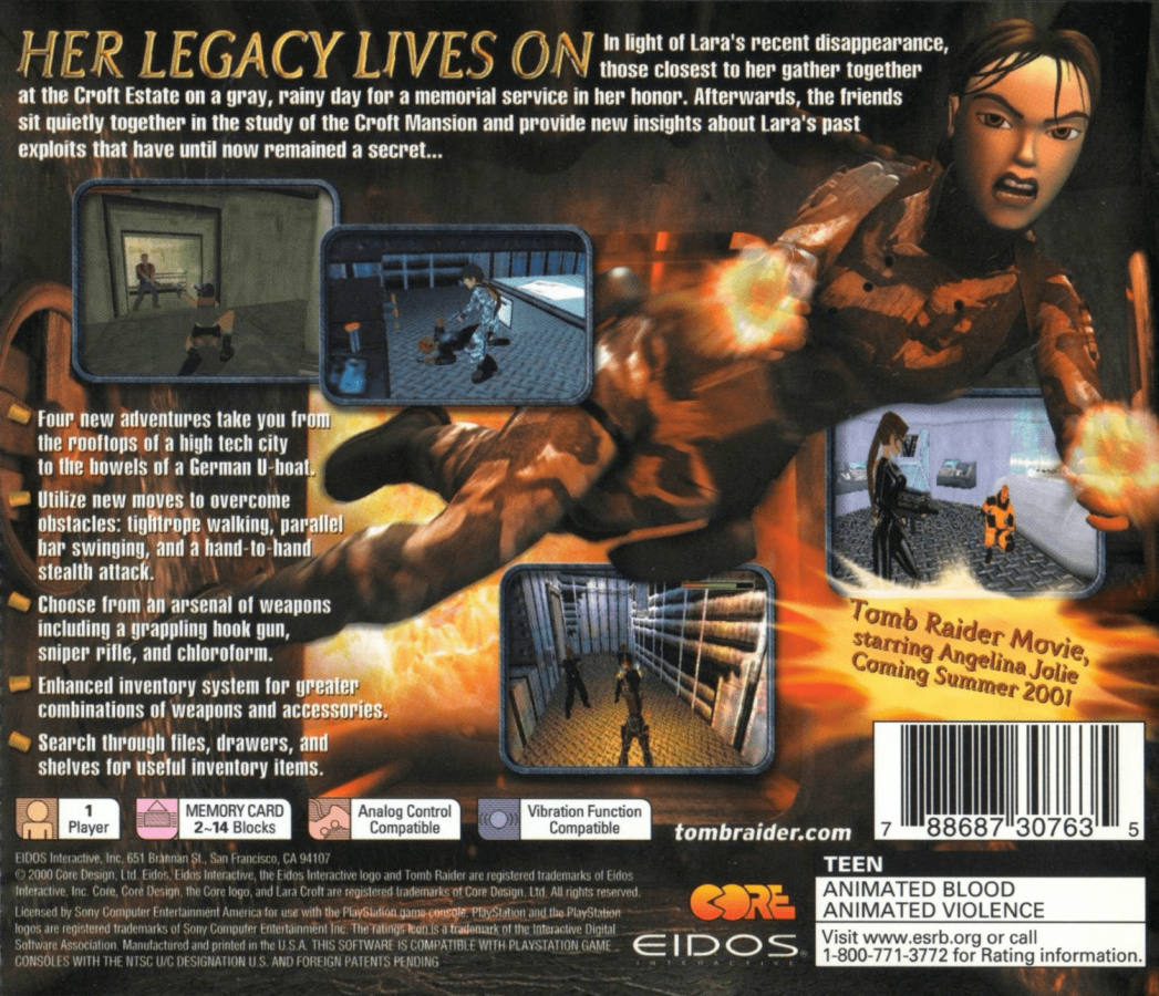 Tomb Raider Chronicles back of case for PlayStation 1 (PS1) action-adventure video game
