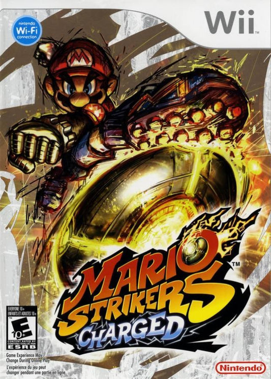 Mario Strikers Charged Wii video game featuring fast paced arcade style soccer gameplay iconic Super Mario characters multiplayer action motion controls and classic Nintendo sports party title cover art