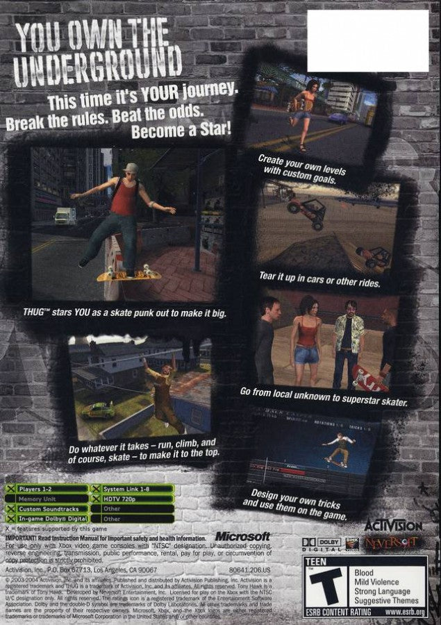Tony Hawk's Underground back cover art for Microsoft XBOX video game.