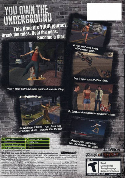Tony Hawk's Underground back cover art for Microsoft XBOX video game.