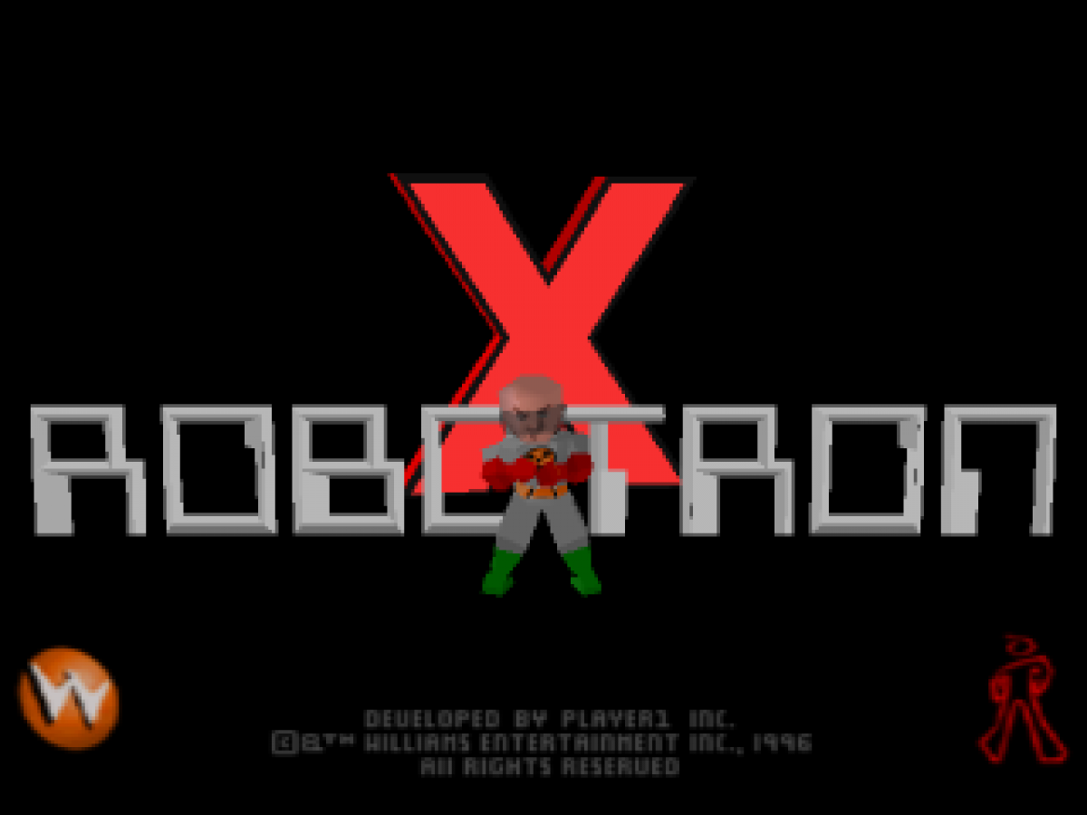 Robotron X PS1 PlayStation 1 twin stick shooter arcade action game fast paced robot combat survival wave based gameplay retro video game title screen