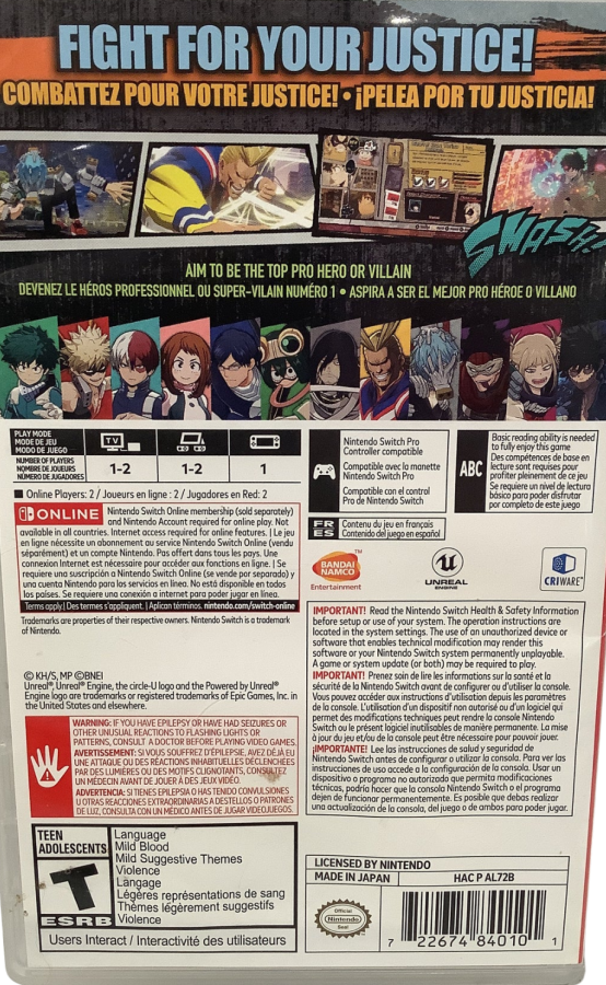 My Hero One's Justice 2 Nintendo Switch inspired design featuring anime arena fighting game aesthetic superhero battles powerful quirks explosive combat iconic My Hero Academia characters cel shaded visuals fast paced action gameplay manga inspired presentation back cover 
