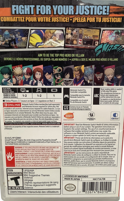 My Hero One's Justice 2 Nintendo Switch inspired design featuring anime arena fighting game aesthetic superhero battles powerful quirks explosive combat iconic My Hero Academia characters cel shaded visuals fast paced action gameplay manga inspired presentation back cover 