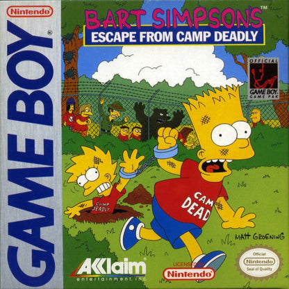 Bart Simpson's Escape from Camp Deadly Nintendo Game Boy GB for action platformer retro video game fans featuring Bart Simpson adventure side scrolling gameplay camp exploration cartoon inspired challenges enemy encounters classic handheld gaming collectible gaming appeal front cover art