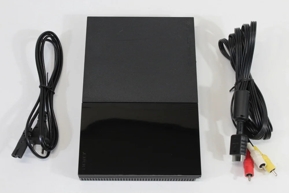 Retro PS2 Slim SCPH 90000 inspired design featuring sleek PlayStation 2 hardware aesthetic compact black console design iconic Sony gaming system integrated power supply streamlined form factor sixth generation gaming nostalgia presentation vertical top 