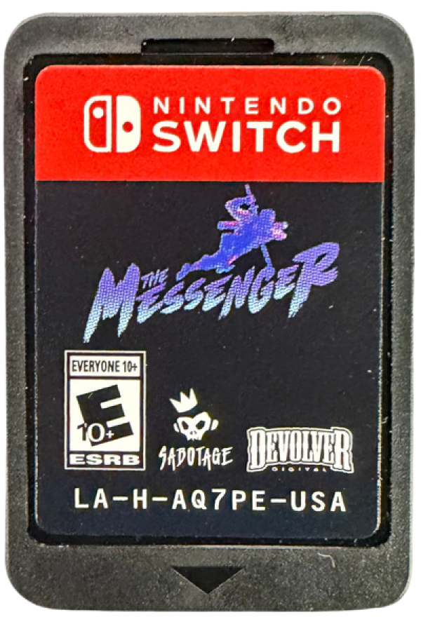 The Messenger Nintendo Switch inspired design featuring ninja action platform adventure aesthetic time traveling storyline pixel art visuals challenging combat acrobatic movement retro inspired gameplay interconnected world exploration presentation cartridge