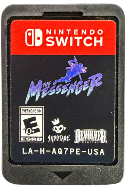 The Messenger Nintendo Switch inspired design featuring ninja action platform adventure aesthetic time traveling storyline pixel art visuals challenging combat acrobatic movement retro inspired gameplay interconnected world exploration presentation cartridge
