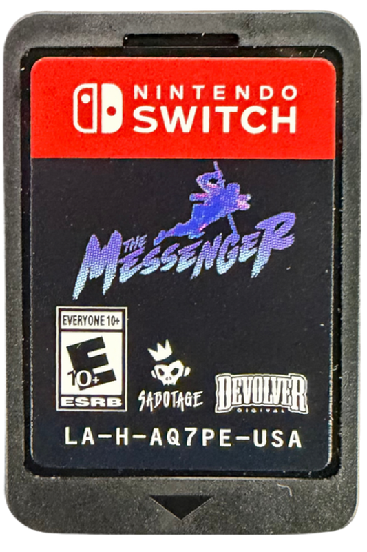 The Messenger Nintendo Switch inspired design featuring ninja action platform adventure aesthetic time traveling storyline pixel art visuals challenging combat acrobatic movement retro inspired gameplay interconnected world exploration presentation cartridge