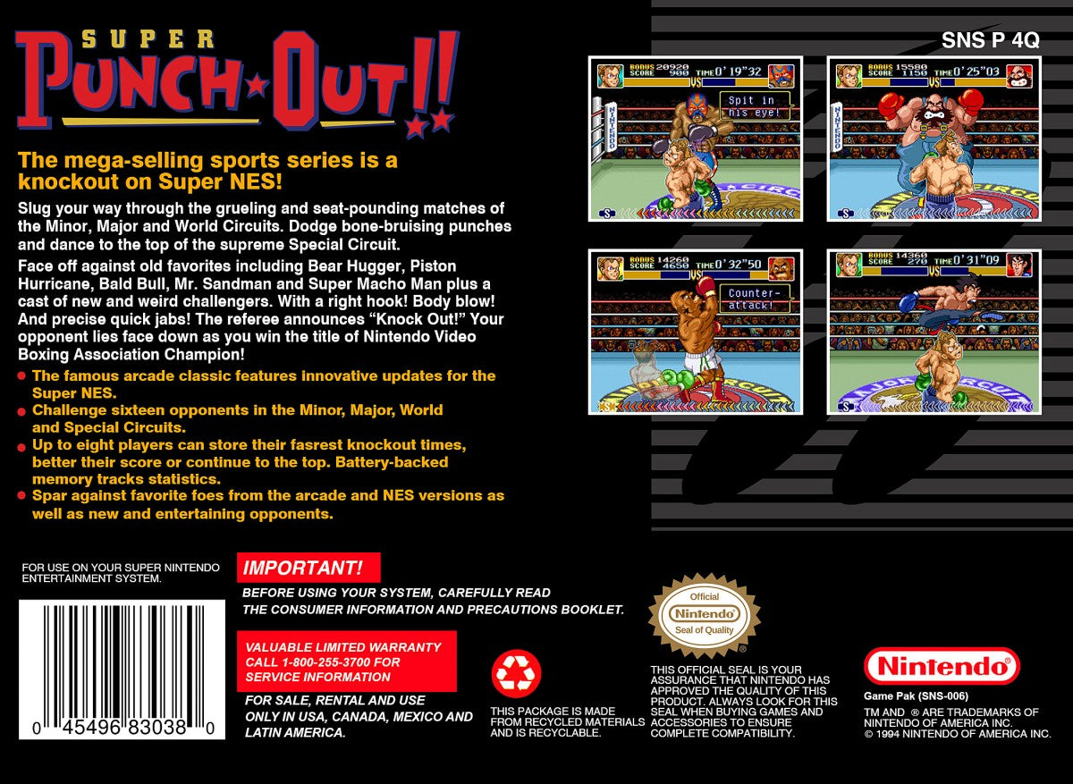 Super Punch-Out Super Nintendo Entertainment System SNES boxing sports video game sequel to Punch-Out Little Mac referee Mario opponents arcade style reflex-based gameplay championship circuit back box cover