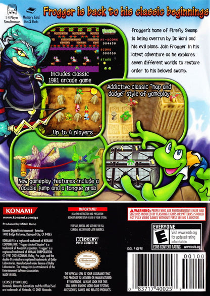 Bakc cover art for Frogger Ancient Shadow GameCube GC video game, arcade action, puzzle platformer, family-friendly, classic Nintendo GameCube title, adventure and strategy