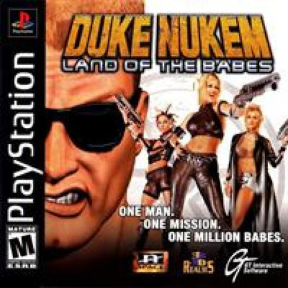 Duke Nukem Land of the Babes PlayStation PS1 for action shooter video game fans featuring Duke Nukem combat alien enemies futuristic environments powerful weapons explosive action challenging missions platforming elements and classic retro PlayStation gaming collectible appeal front