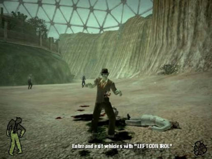 Stubbs the Zombie in Rebel Without a Pulse Microsoft Xbox Original Xbox video game featuring action adventure gameplay zombie combat retro futuristic world exploration humorous undead characters brain eating abilities enemy attacks and quirky gameplay mechanics retro video game collection collectible gaming appeal gameplay