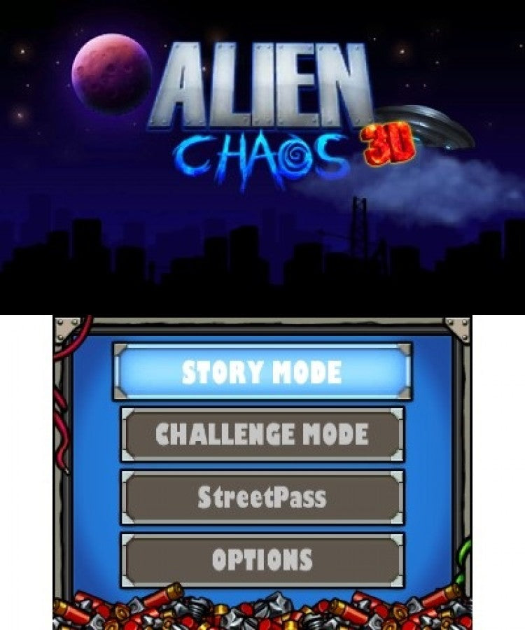Alien Chaos start screen for Nintendo 3DS (3DS) shoot 'em up action video game