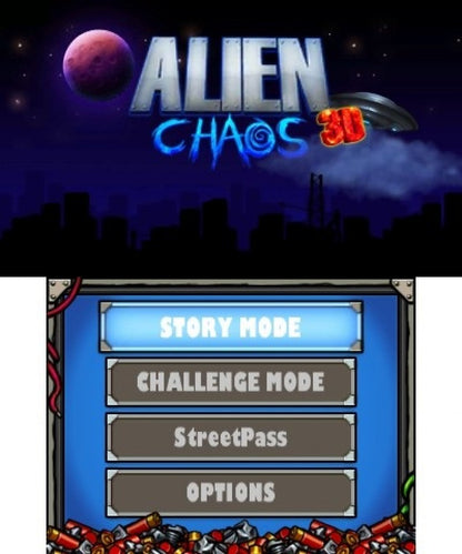 Alien Chaos start screen for Nintendo 3DS (3DS) shoot 'em up action video game