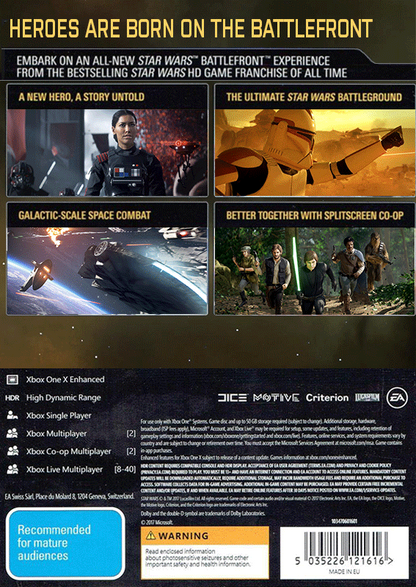 Star Wars: Battlefront II – Xbox One: Jump into large-scale Star Wars battles with heroes, starfighters, and epic multiplayer action back cover