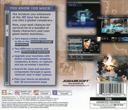 Retro Front Mission 3 PS1 cover art inspired design featuring tactical mech warfare anime military strategy game aesthetic vintage PlayStation RPG graphics futuristic wanzer combat nostalgic Squaresoft gaming fan apparel back cover art