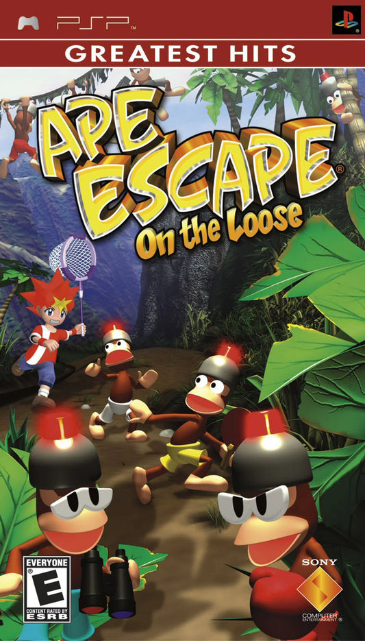 Ape Escape On the Loose Greatest Hits UMD for the PlayStation Portable featuring action platformer gameplay with gadget based mechanics time travel stages and monkey catching missions starring Spike in a colorful cartoon style adventure front cover