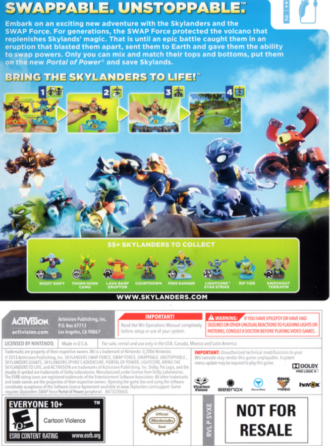 Skylanders Swap Force Nintendo Wii for retro video game enthusiasts featuring action adventure gameplay collectible toy to life mechanics interchangeable character abilities colorful fantasy worlds cooperative play platforming challenges and collectible gaming appeal back art 