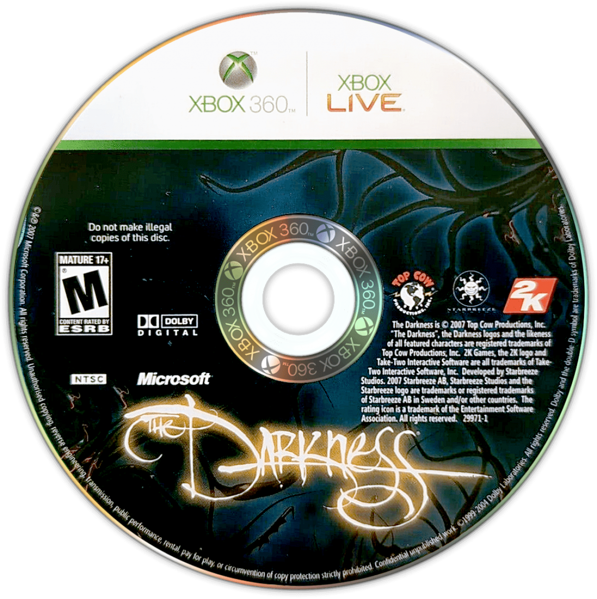 The Darkness disc for Xbox 360 (X360) supernatural first-person shooter video game