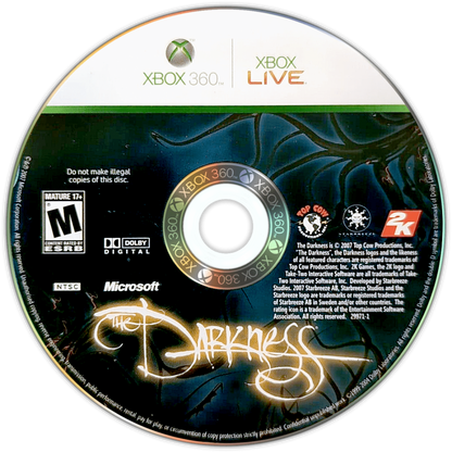 The Darkness disc for Xbox 360 (X360) supernatural first-person shooter video game