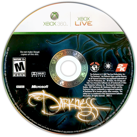The Darkness disc for Xbox 360 (X360) supernatural first-person shooter video game