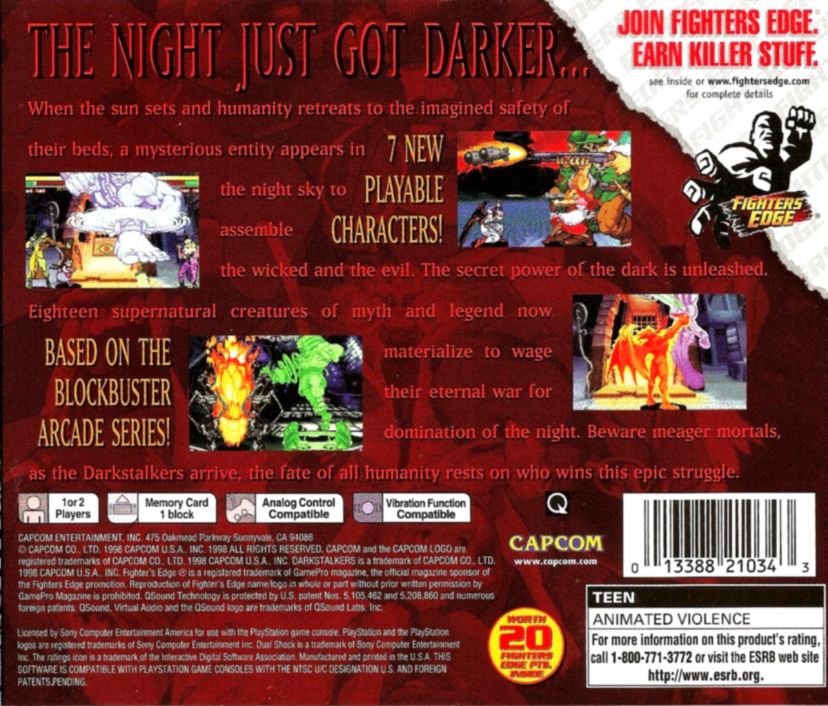 Back cover art for Darkstalkers 3 PlayStation 1 game featuring fast-paced 2D fighting gameplay with iconic Capcom characters