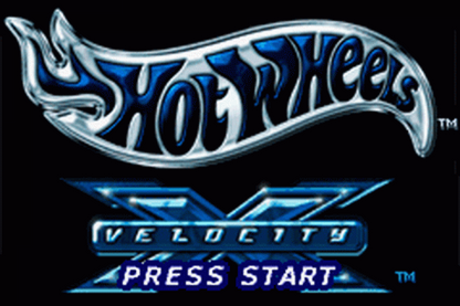 Hot Wheels Velocity X Game Boy Advance GBA video game, racing action, stunt and vehicle gameplay, handheld console titlescreen