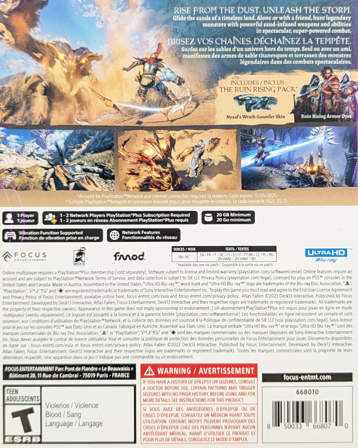 Atlas Fallen Limited Edition Case PlayStation 5 action RPG sand-surfing across fantasy desert landscapes gauntlet-powered combat shapeshifting weapons co-op multiplayer aerial traversal sun-scorched world lore-driven quests defeating wraiths Focus Entertainment back cover